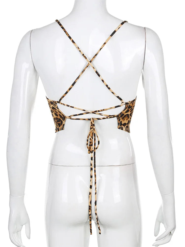 Leopard Pattern Women Tank Tops Backless Sexy Rave Outfits Sleeveless Cross Lace up Bralette Crop Top Summer Streetwear