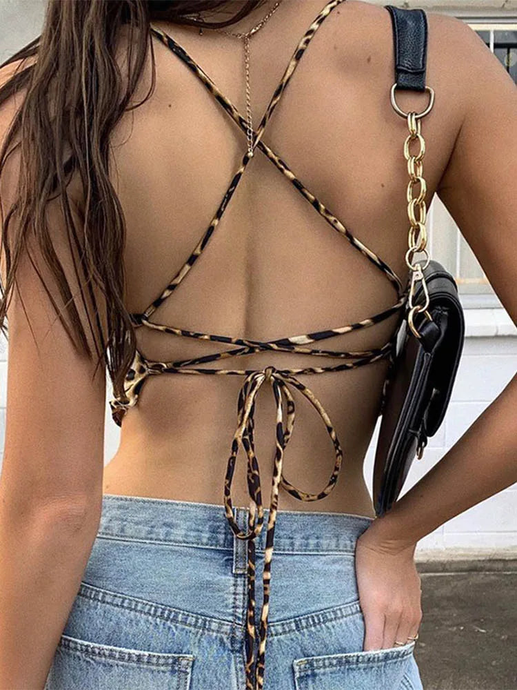 Leopard Pattern Women Tank Tops Backless Sexy Rave Outfits Sleeveless Cross Lace up Bralette Crop Top Summer Streetwear