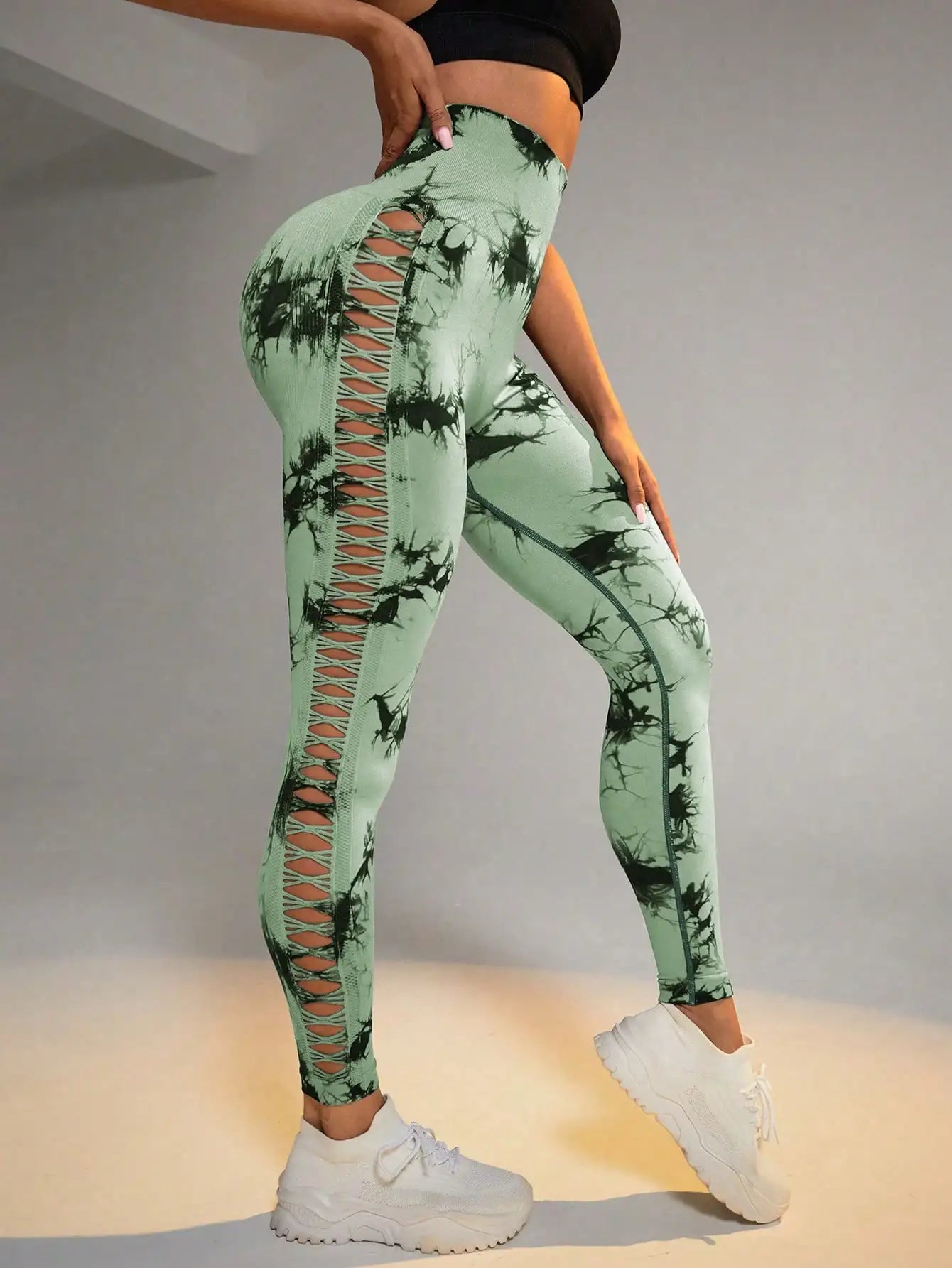 Tie Dye Seamless Leggings for Women High Waist Yoga Pants, Scrunch Butt Lifting Elastic Tights, Side Mesh Design