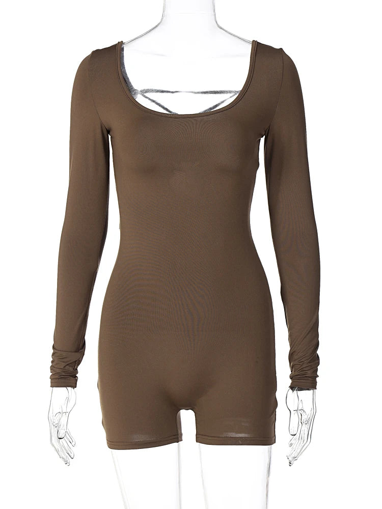 Long Sleeves Backless Solid Lace up Sexy Slim Skinny Playsuit 2024 Fall Women Fashion Y2K Streetwear Party Club Rompe