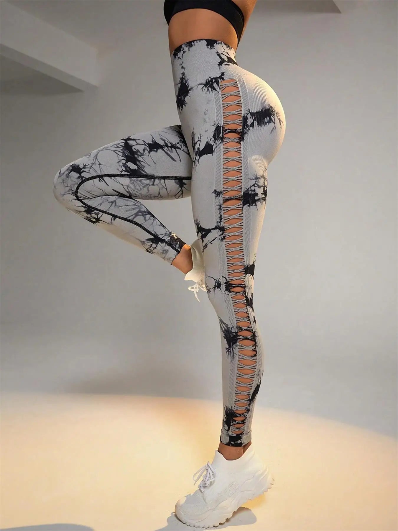 Tie Dye Seamless Leggings for Women High Waist Yoga Pants, Scrunch Butt Lifting Elastic Tights, Side Mesh Design