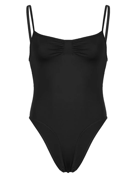 Sleeveless Skinny Shirring Skinny Sexy Spaghetti Strap Bodysuit for Women Black Solid Simple Basic Vacation Camisole